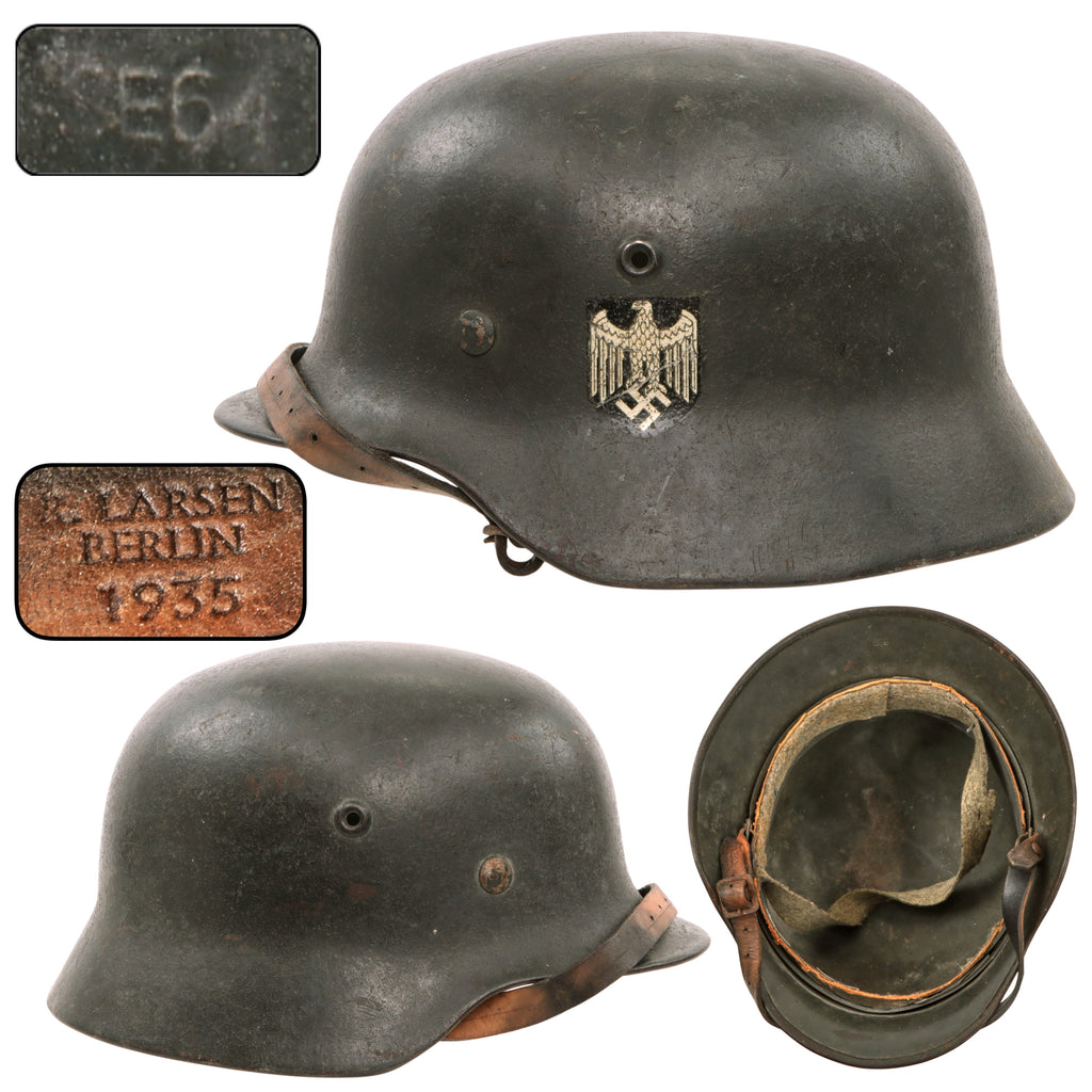 Original German WWII Heer Army Single Decal M40 Steel Helmet with 1940 Dated 56cm Relic Liner and Replica Chinstrap, Stamped SE64