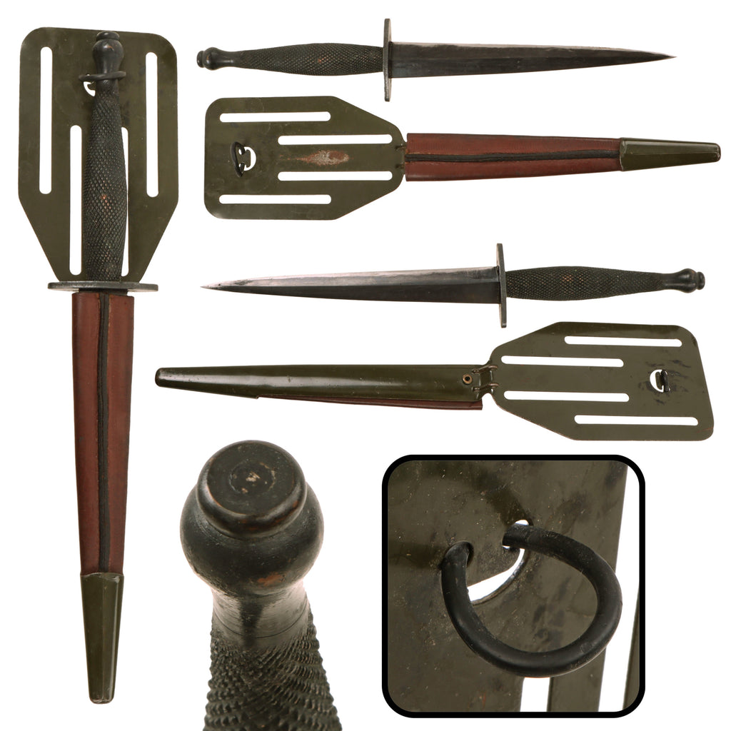 Original U.S. WWII OSS Stiletto by Landers, Frary, and Clark LF&C with Pancake Flipper Scabbard with Intact Grommet Original Items
