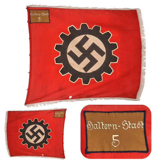 Original German WWII DAF Labor Front Fringed Flag with Haltern-Stadt 5 Town Marking - 46 1/2 x 53”