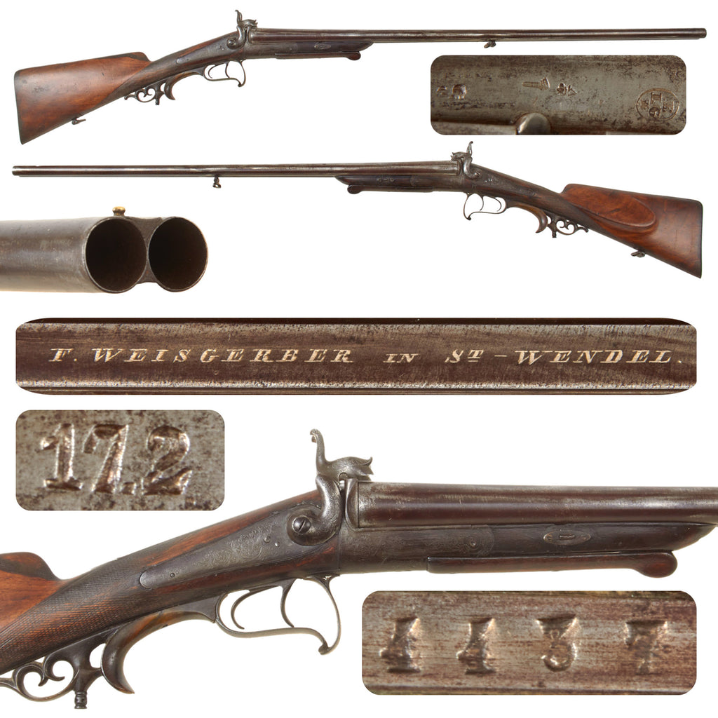 Original German Double Barrel 15 Bore Under Lever Pinfire Shotgun by F. Weisgerber of St. Wendel Made with Belgian Parts - Circa 1865 Original Items