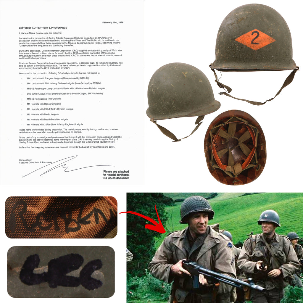 Original U.S. WWII M1 Helmet Worn by Private First Class Richard Reiben in Film Saving Private Ryan - 2nd Ranger Battalion - Comes with Original Notarized Letter of Authenticity Original Items
