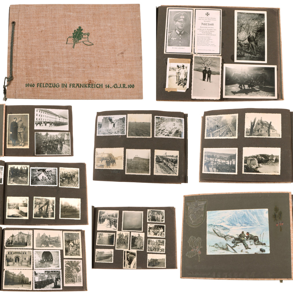 Original German WWII Gebirgsjäger Regiment 100 1940 Battle of France Photo Album with Illustrated Inside Cover - Over 175 Photographs and Postcards