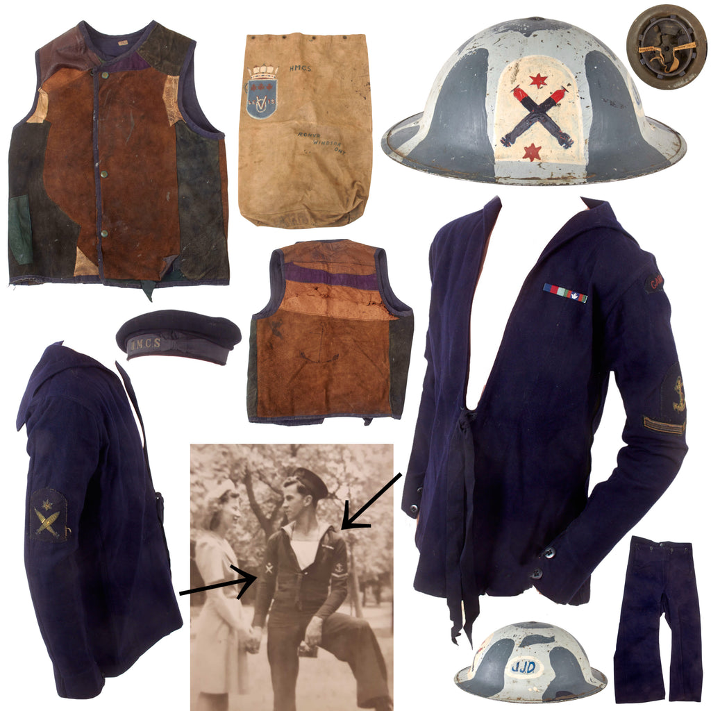 Original Canadian WWII Navy D-Day HMCS Wasaga Leading Torpedo Operator Painted Mk. II Helmet & Uniform Grouping with Rare Gunner’s Jerkin, Painted Seabag - John “Jack” Dewhirst