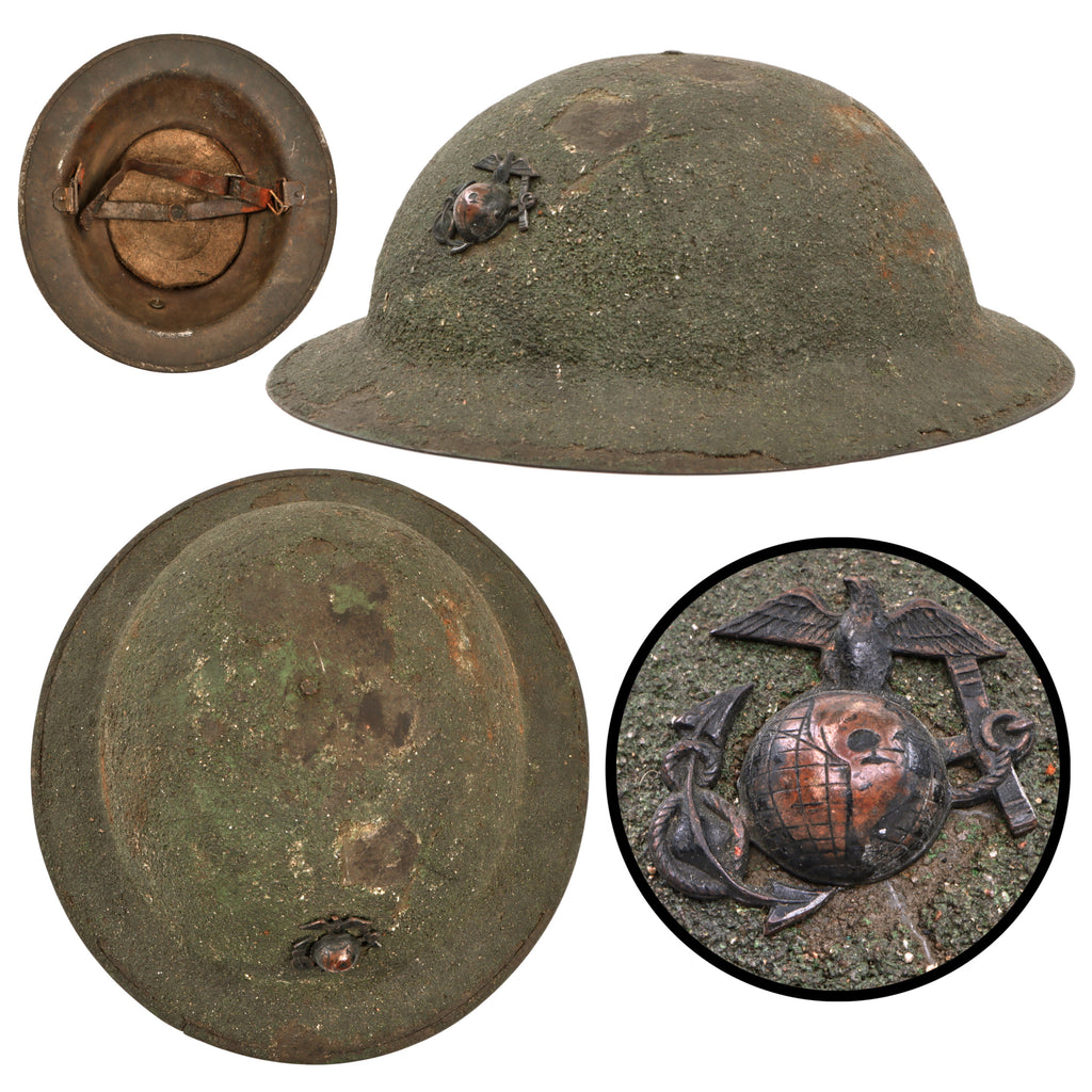 Original U.S. WWI USMC M1917 Doughboy Helmet Shell with Heavy Green Textured Finish & P1917 Eagle, Globe, Anchor Device with Punched Shell Application