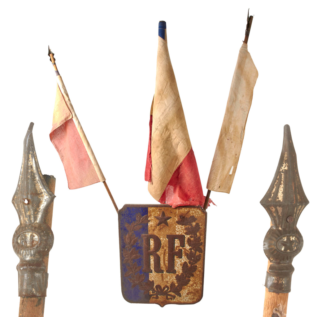Original French Early 20th Century République Française “RF” Civic Flag Display with Three Tricolor Flags & Poles