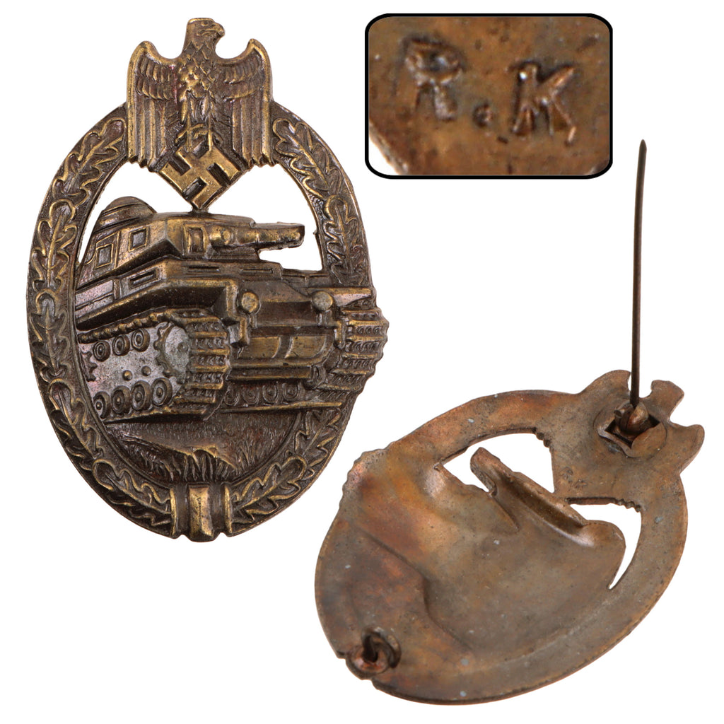 Original German WWII Bronze Grade Panzer Assault Badge by Rudolf Karneth of Gablonz, R.K. Marked