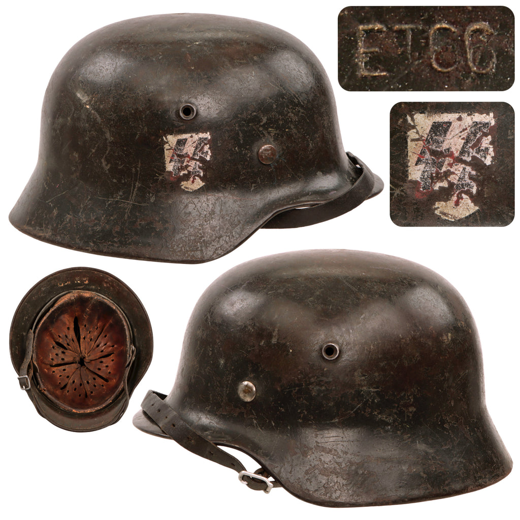 Original German WWII Waffen-SS M40 Single Decal Steel Helmet with 59cm Liner and Chinstrap, Stamped ET66 Original Items