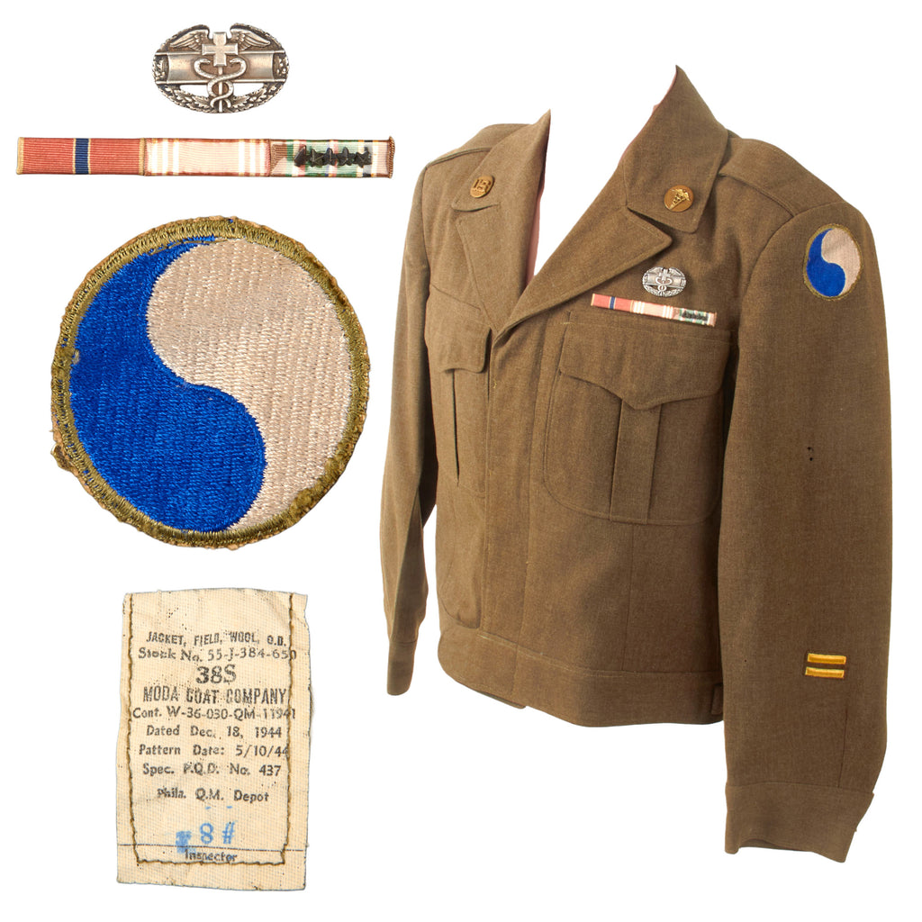 Original WWII U.S. 29th Infantry Division Medic D-Day Veteran’s Uniform Ike Jacket with Ribbon Bar & Combat Medic Badge