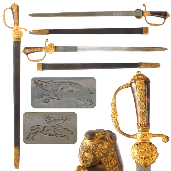Original German Mid-18th Century Baroque Gilt Brass Mounted Hirschfänger Hunting Sword with Shell Grip and Leather Scabbard Original Items