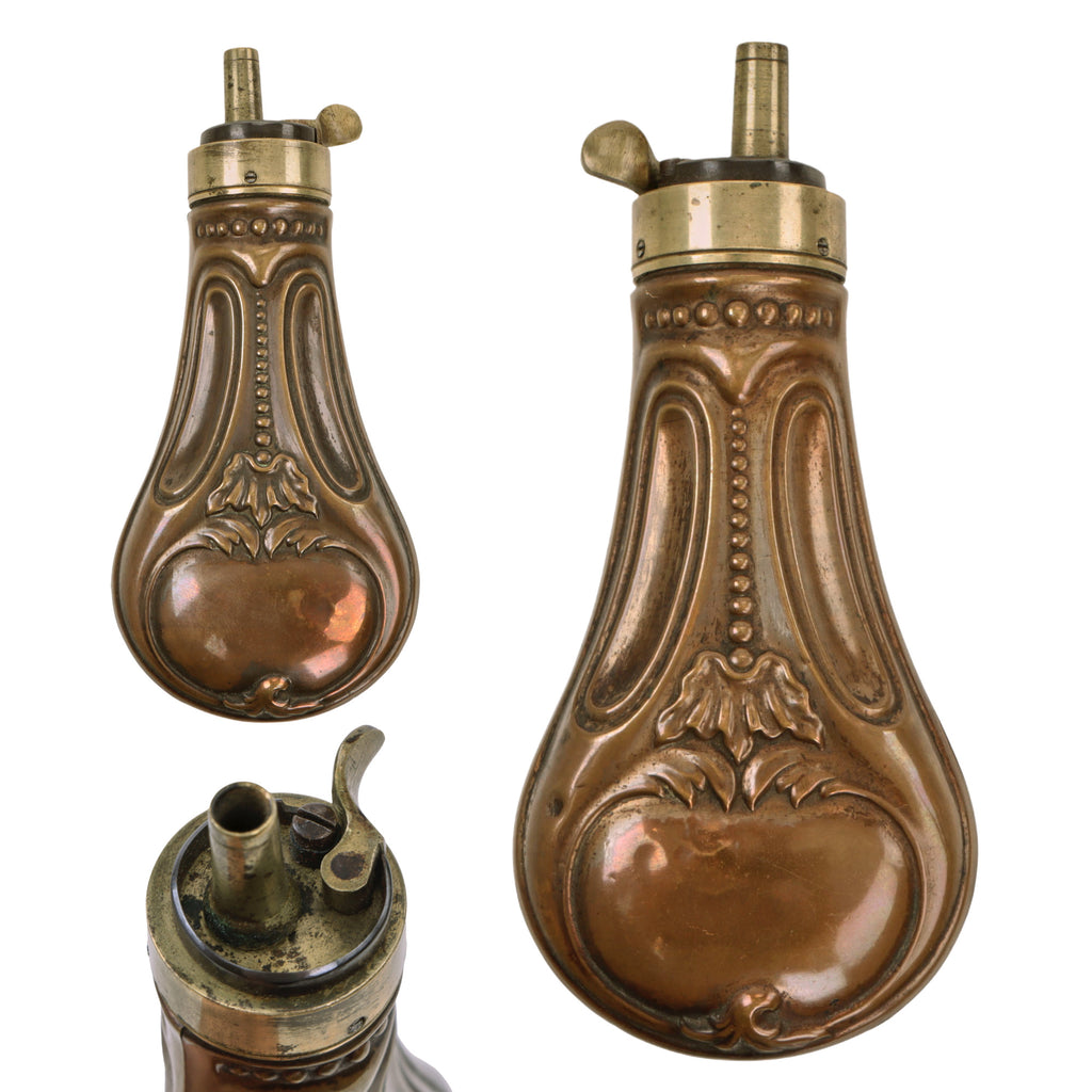 Original U.S. or British American Civil War Era Small “Ball” Design Embossed Copper Pistol Powder Flask Original Items