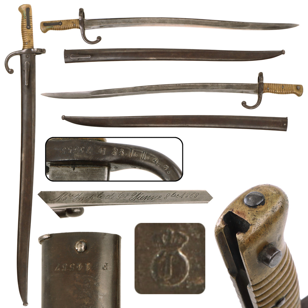 Original German Franco-Prussian War Reissued French M1866 Chassepot Saber Bayonet by St. Étienne Arsenal with Scabbard - German Regiment Marked and Dated 1868 Original Items