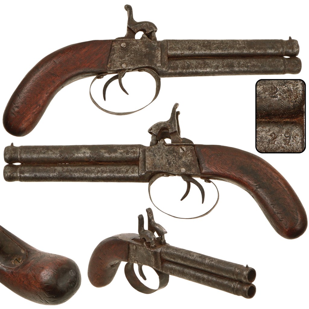 Original Victorian Era German Over and Under Double Barrel .43 Caliber Percussion Pocket Pistol, No. 29, Circa Mid-19th Century with Later German Proof Marks