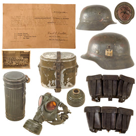 Original U.S. WWII 810th Ordnance Base Depot Company Veteran Bring-Back Group with German M42 Helmet, Gas Mask, Mess Kit, Ammunition Pouches, Trophy Certificate & Unit Photograph