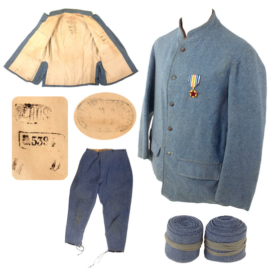 Original French WWI M1915 Horizon Blue Enlisted Man’s Wool Uniform Tunic & Trousers with Puttees & Medal for War Wounded Original Items