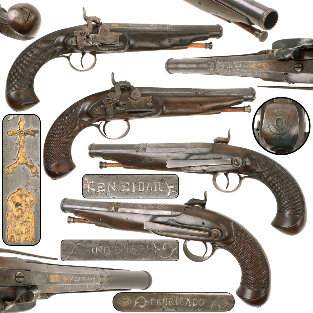 Original Spanish Matched Pair of 14 Bore Percussion Miquelet Belt Pistols by Antonio Guisasola of Eibar with Gold and Silver Inlay, Dated 1821
