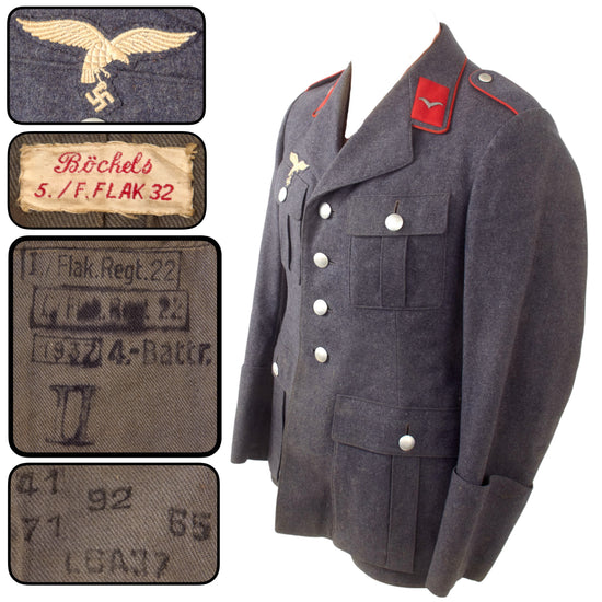 Original German WWII Named Luftwaffe Flak Artillery Kanonier Enlisted Four Pocket Tuchrock Service Tunic with Flak-Regiment 22 Unit Markings, Dated 1937