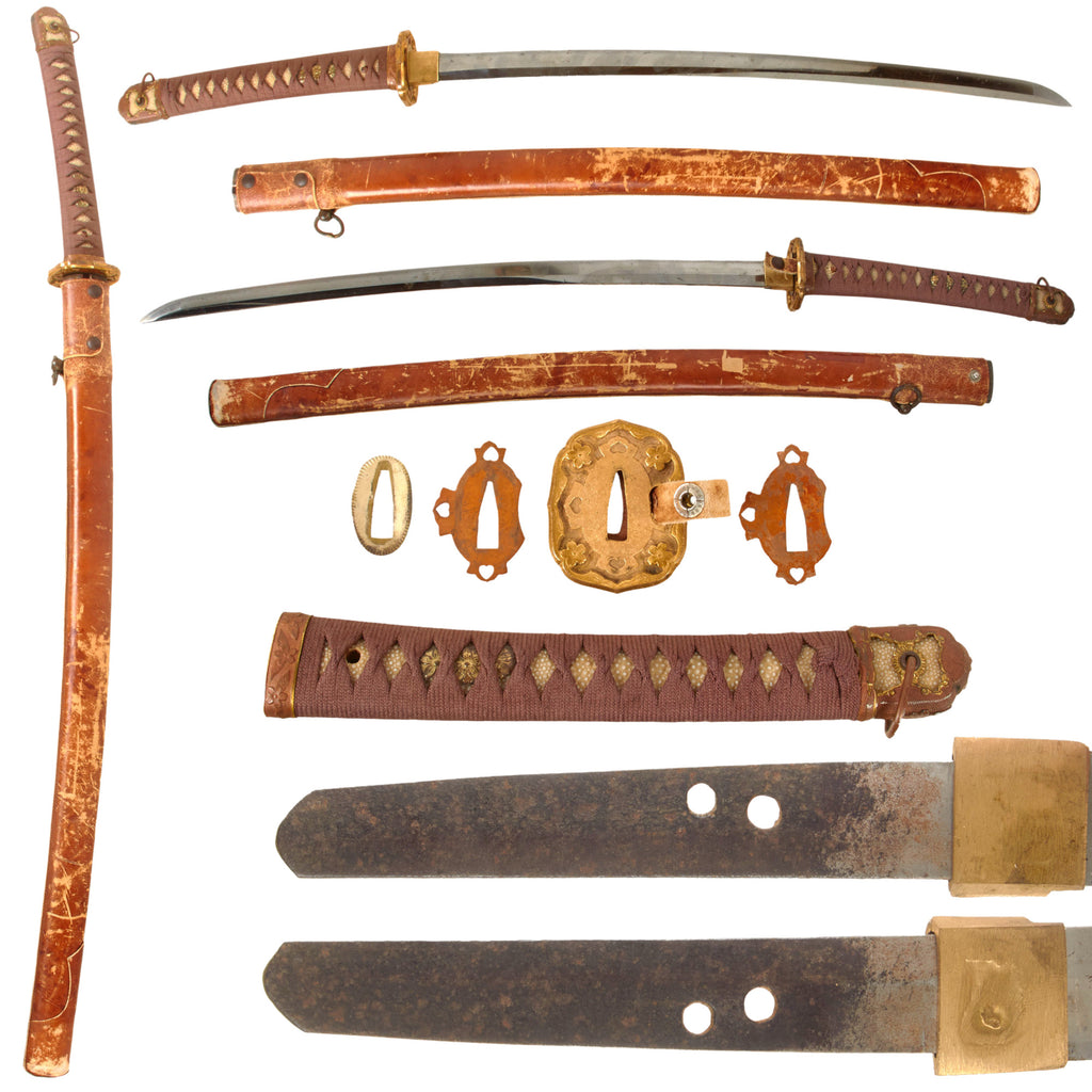 Original Japanese WWII Type 98 Shin-Gunto Ō-Wakizashi Sword with Edo Period Handmade Blade and Leather Covered Wooden Scabbard
