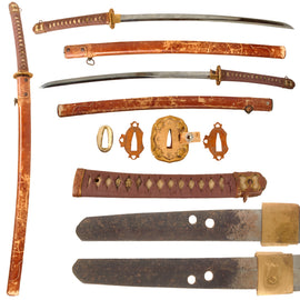 Original Japanese WWII Type 98 Shin-Gunto Ō-Wakizashi Sword with Edo Period Handmade Blade and Leather Covered Wooden Scabbard