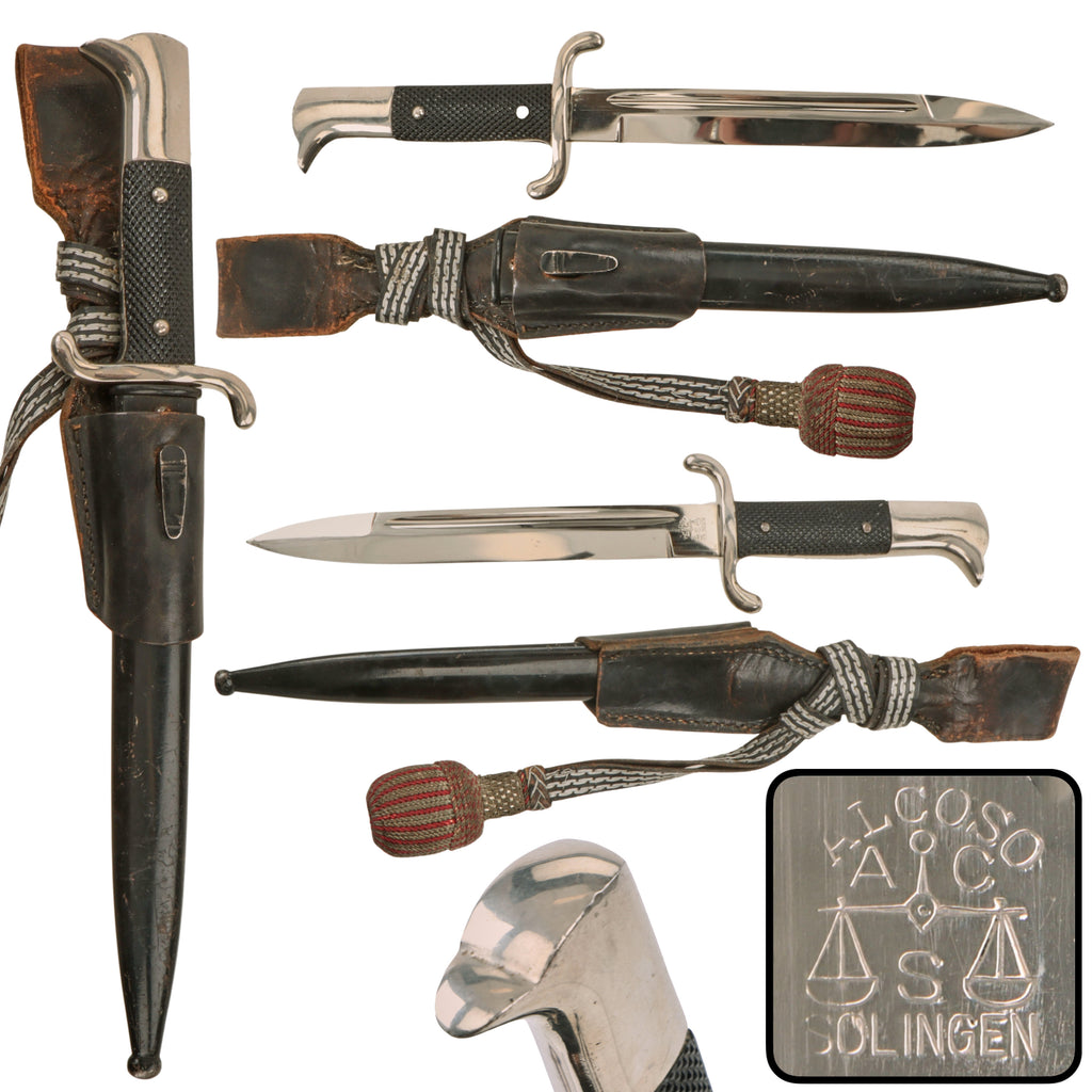Original German WWII Fireman's Short Dress Bayonet by Alcoso of Solingen with Scabbard, Troddel Knot, and Frog