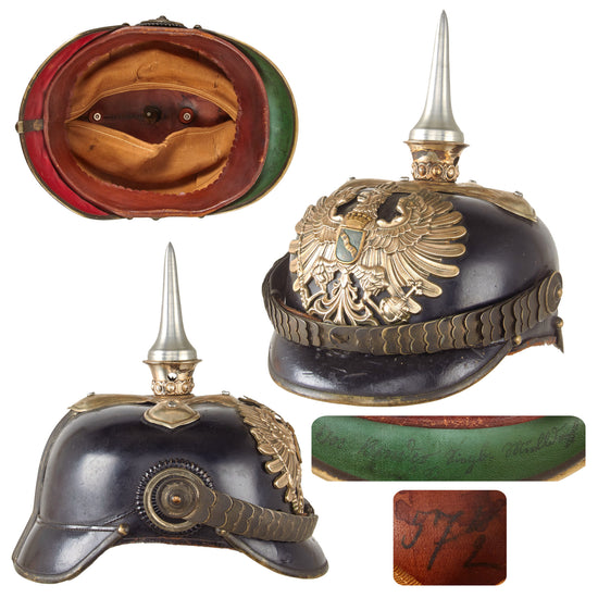 Original German WWI Rhineland Senior Fire Official’s M1897 Officers Pickelhaube Spiked Helmet with Shielded Wappen - Replaced Spike Tip & Base Screws - Size 57 1/2 Original Items