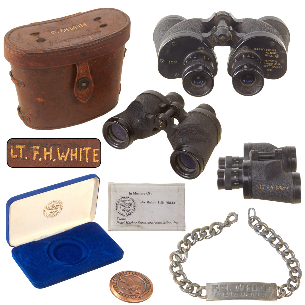 Original U.S. WWII Pearl Harbor Survivor Navy 6x30 Binoculars in Case, ID Bracelet, and Table Medal of Lt. Commander Frederic H. White, USS West Virginia