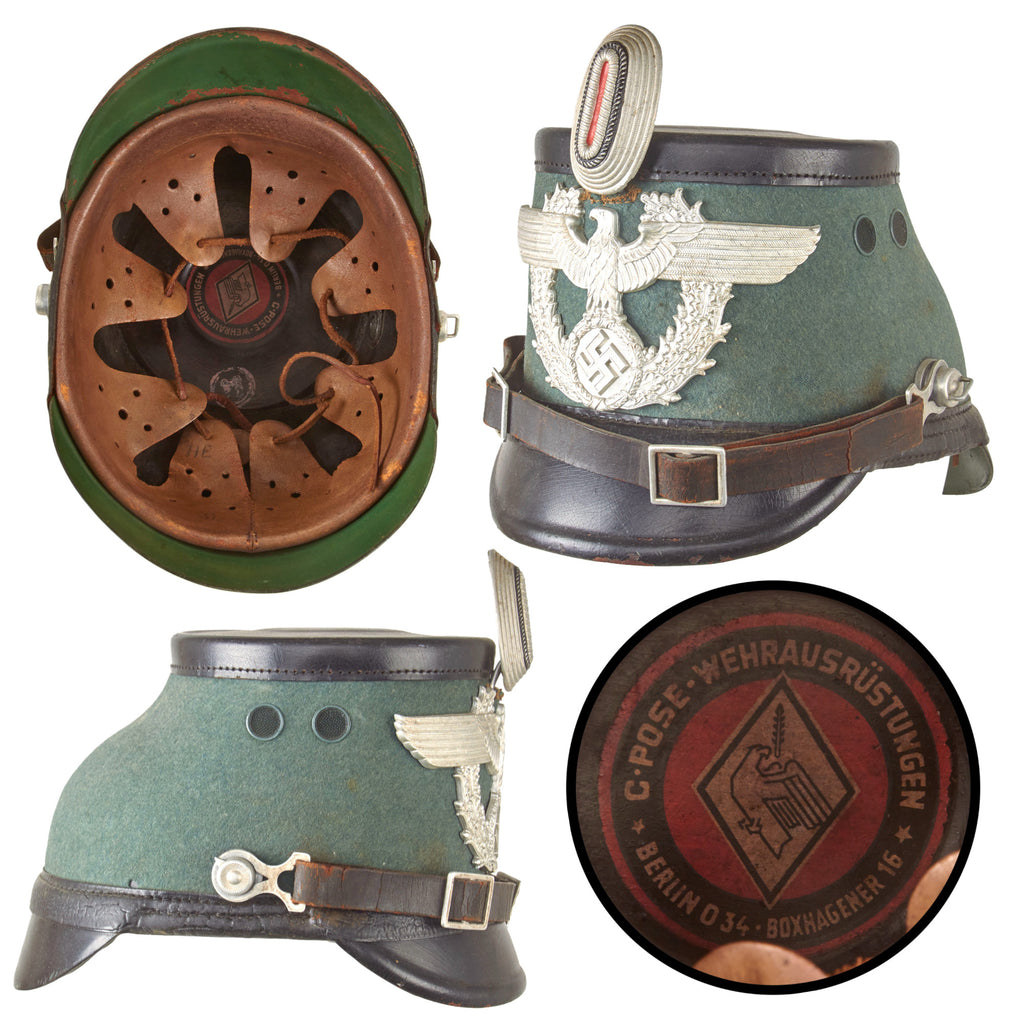 Original German WWII Late Pattern Metropolitan Police Shako by C. Pose with 1938 Dated Cockade and Chinstrap, Size 56cm