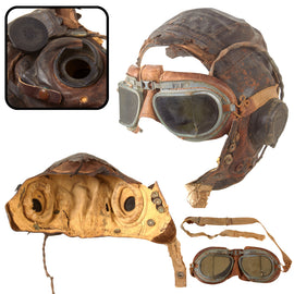 Original British WWII RAF Type C Leather Flying Helmet with Mk. VIII Goggles - Elastic Strap Broken - As Is