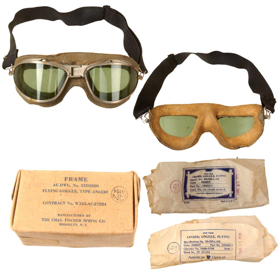 Original U.S. WWII Army-Navy AN-6530 Flying Goggles by Chas. Fischer Spring Co. with Original Box & Spare Lenses Original Items
