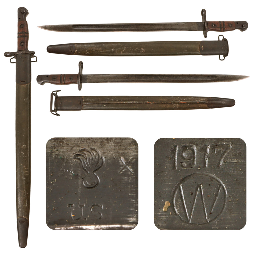 Original U.S. WWI M1917 Enfield Rifle & Trench Gun Bayonet by Winchester with Scabbard - Dated 1917 Original Items