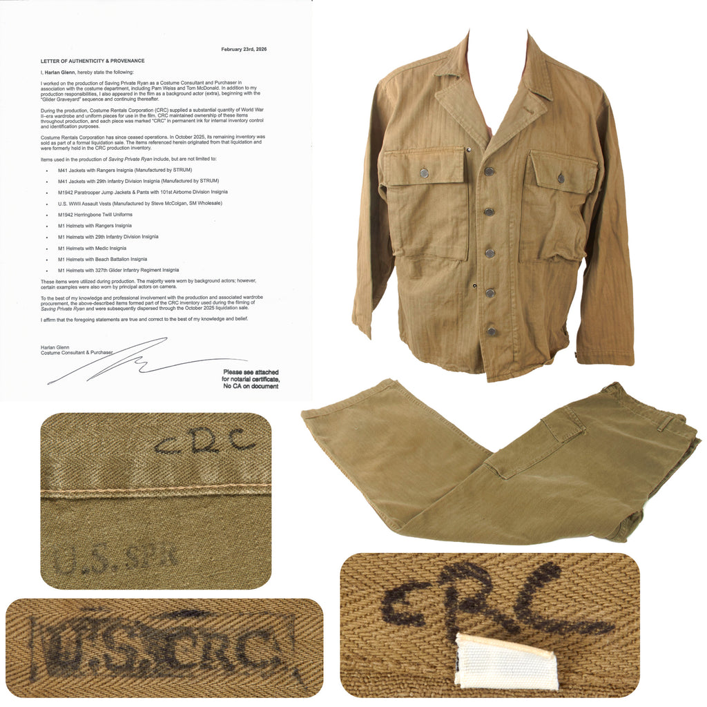 Original Saving Private Ryan U.S. WWII Army HBT Jacket & Trousers Worn by Extras with Copy of Notarized Letter of Authenticity Original Items