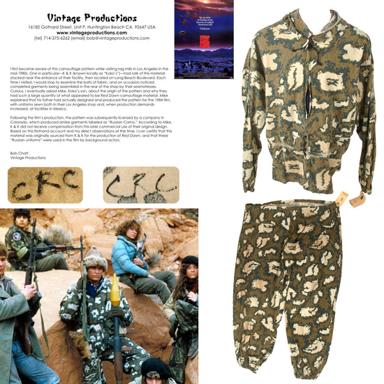 Original Film 1984 Red Dawn Wardrobe Costume: Two Piece Soviet Kamuflirovannyy Letniy Maskirovochnyy Kombinezon KLMK Camouflage Uniform Worn by Russian Soldiers with Copy of Letter of Provenance Original Items