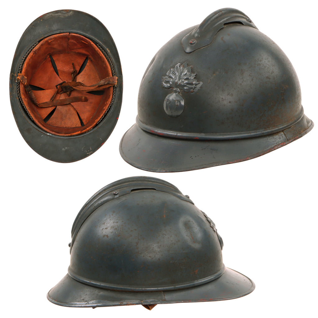 Original French WWI Issue Model 1915 Infantry Adrian Helmet in Horizon Blue with Liner & Chinstrap Original Items