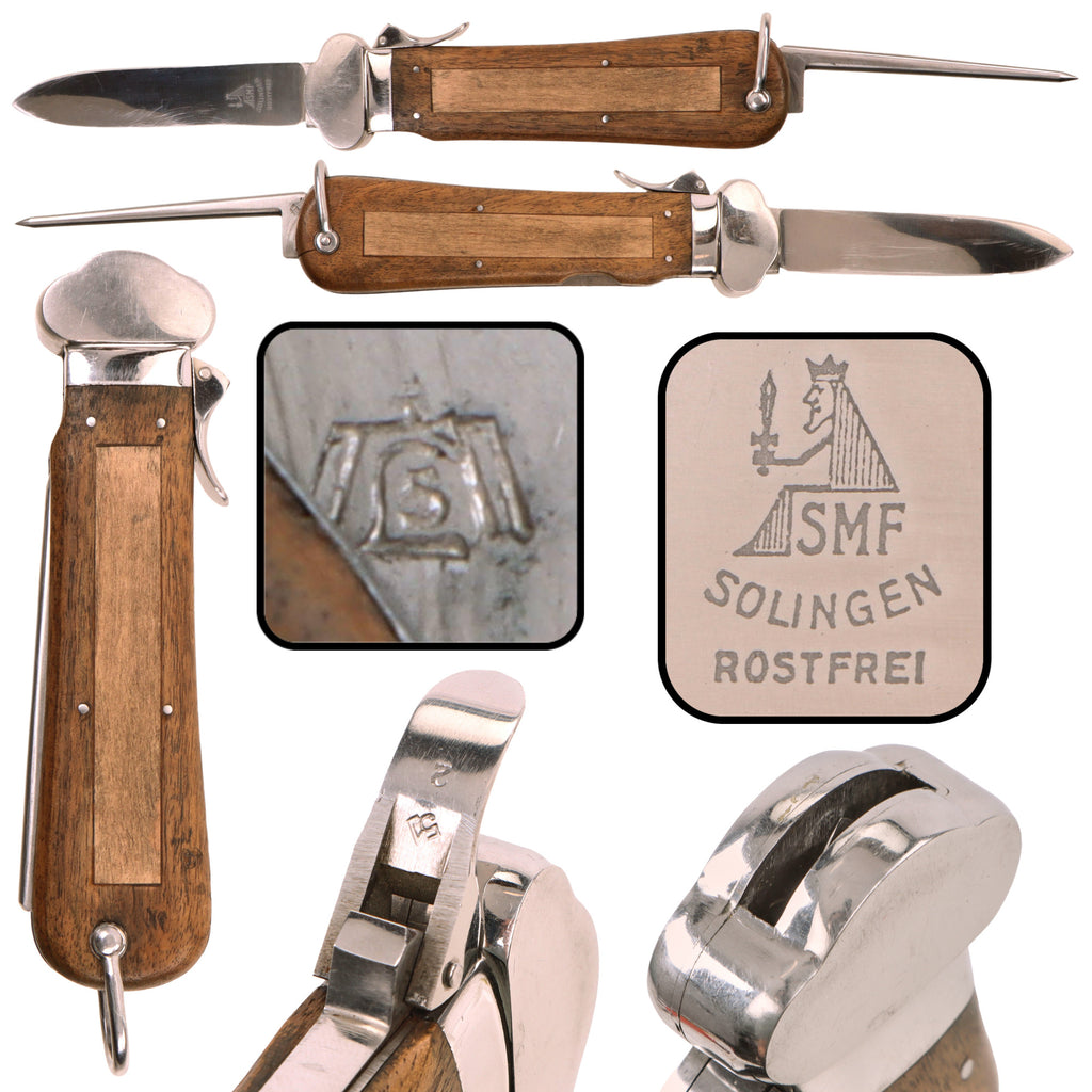 Original German WWII Luftwaffe Type I Gravity Knife by SMF Solingen with Waffenamt Proof, Factory Crossgrain and Repaired Walnut Grip Plates Original Items