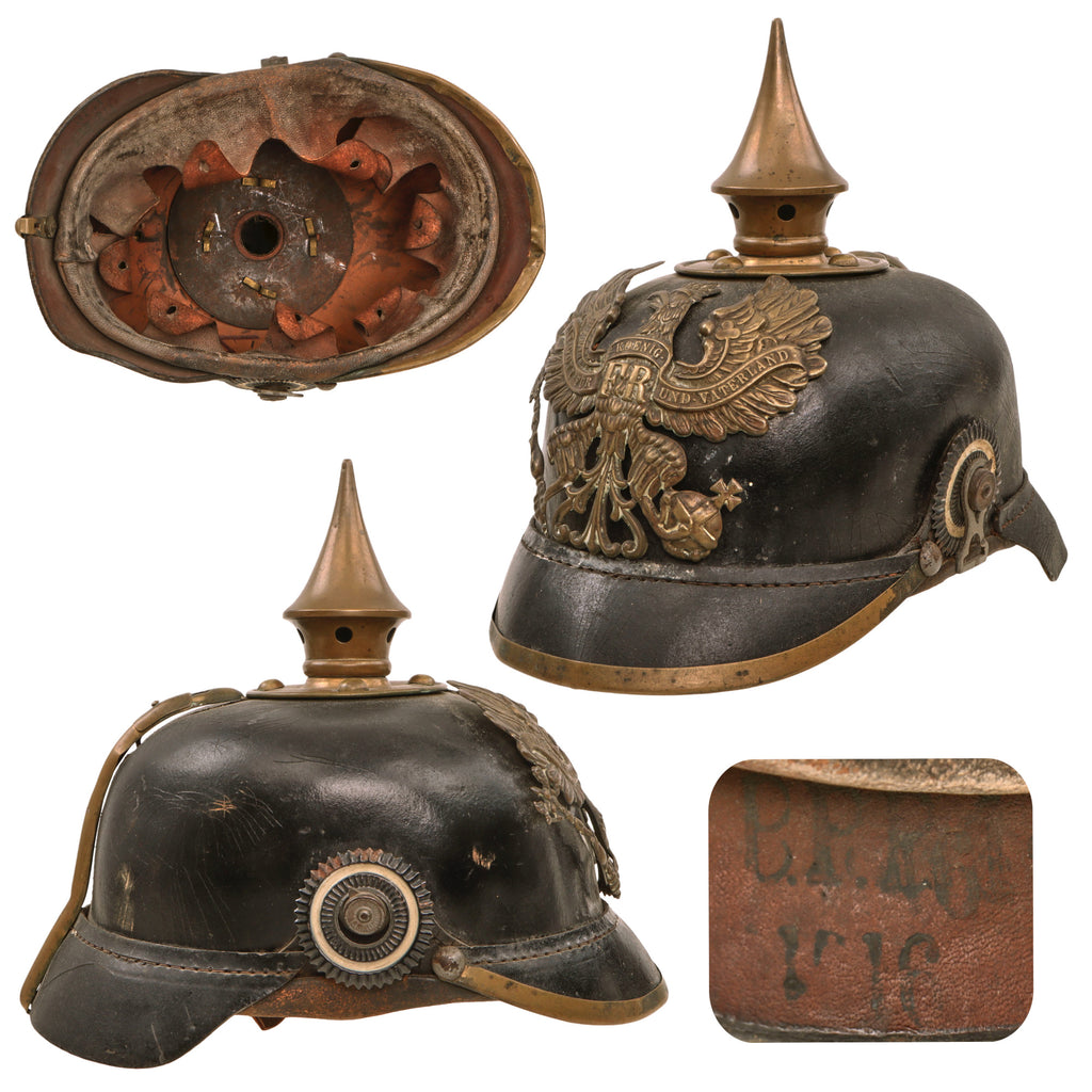 Original Imperial German WWI Prussian M1891 Line Infantry Pickelhaube Spiked Helmet by J.M. Eckart of Ulm with Two Prussian Cockades - Size 56 Original Items