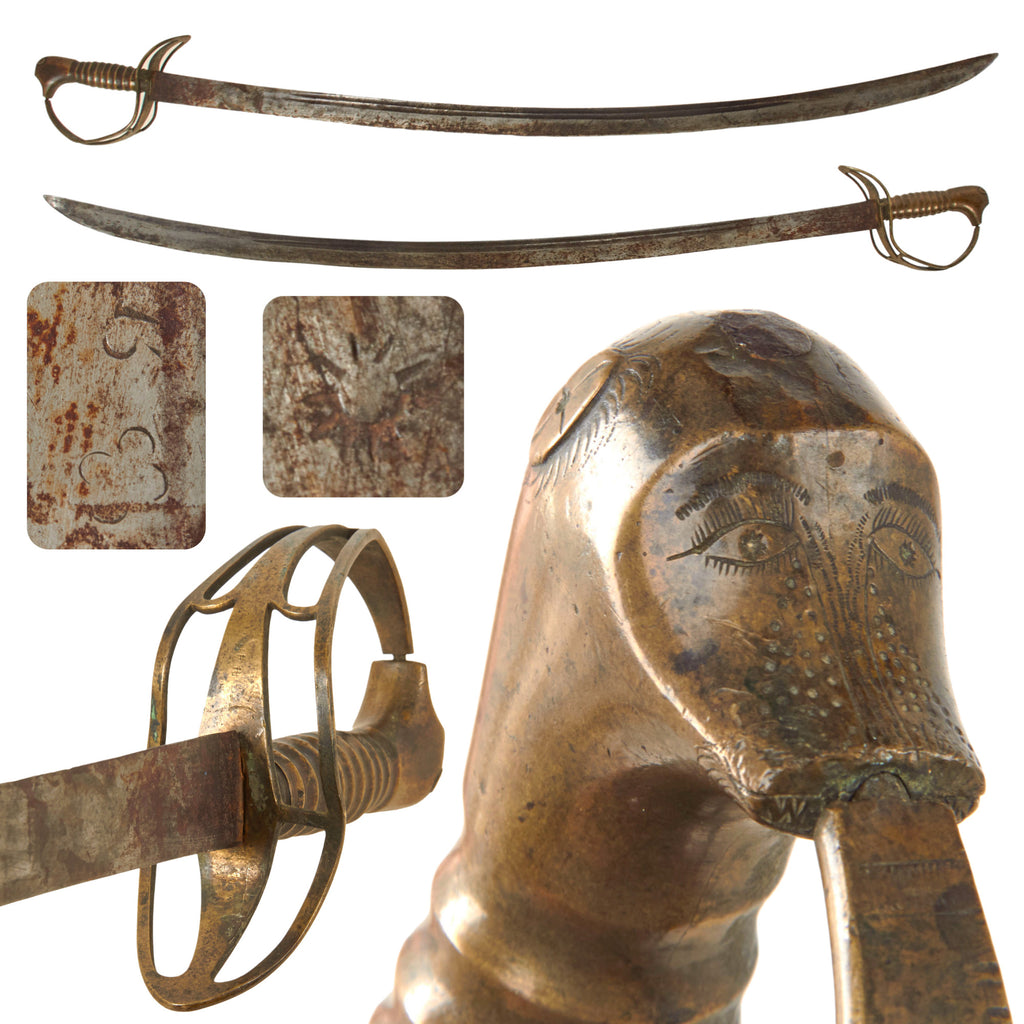 Original U.S. American Revolutionary War Era Monsterhead Mounted Saber with Gorgeously Engraved Head & Stirrup Hilt - Circa 1760-1770