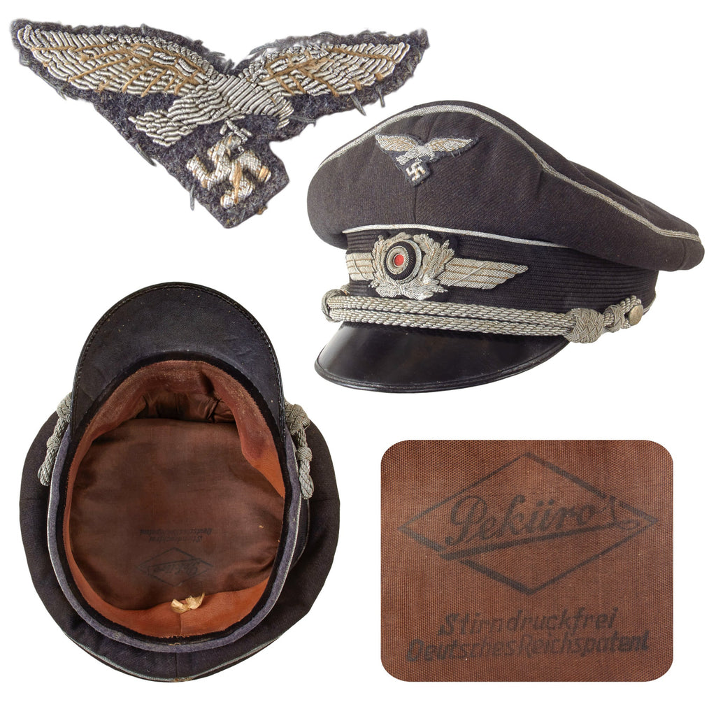 Original German WWII Luftwaffe Officer Schirmmütze Visor Crush Cap with Bullion Insignia by Top Maker Peküro - Peter Küpper Original Items