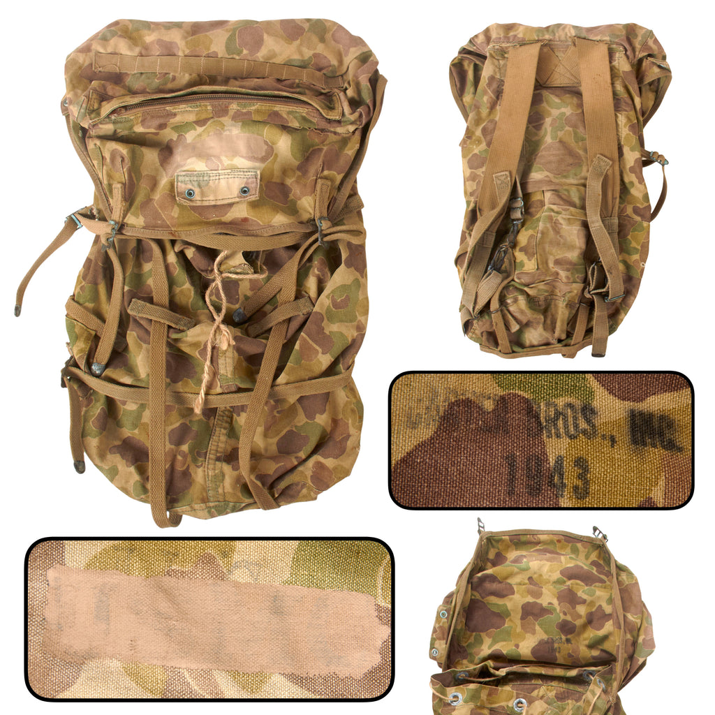Original U.S. WWII USMC-Stenciled M1942 Frogskin Camouflage Jungle Pack by Carter Bros with Prentice Zipper & Period Repairs - Dated 1943