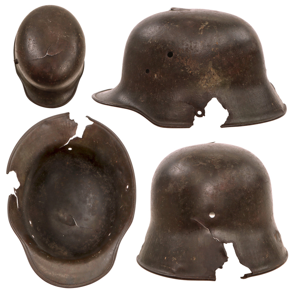 Original Imperial German WWI Rare Large Size Battle Damaged M16 Stahlhelm Helmet Shell with Heavy Shrapnel Gouges - Marked TJ68