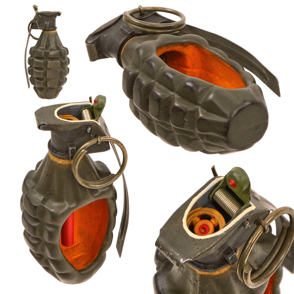 Original U.S. WWII Inert MkII Pineapple Grenade with Yellow Ring & Fuze Cutaway Visual Training Aid from Aberdeen Proving Grounds