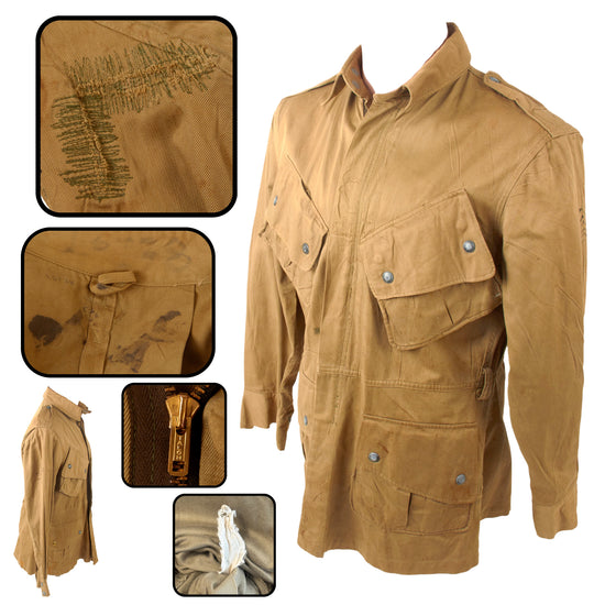 Original U.S. WWII Airborne Laundry Number-Marked M1942 Paratrooper Jump Jacket without Reinforcements with Replaced Zipper & Heavy Period Depot Repairs