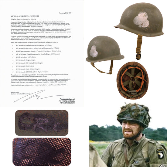 Original U.S. M1 Helmet Used in Saving Private Ryan – 327th Glider Infantry Regiment, 101st Airborne Division – With Copy of Notarized Letter of Authenticity