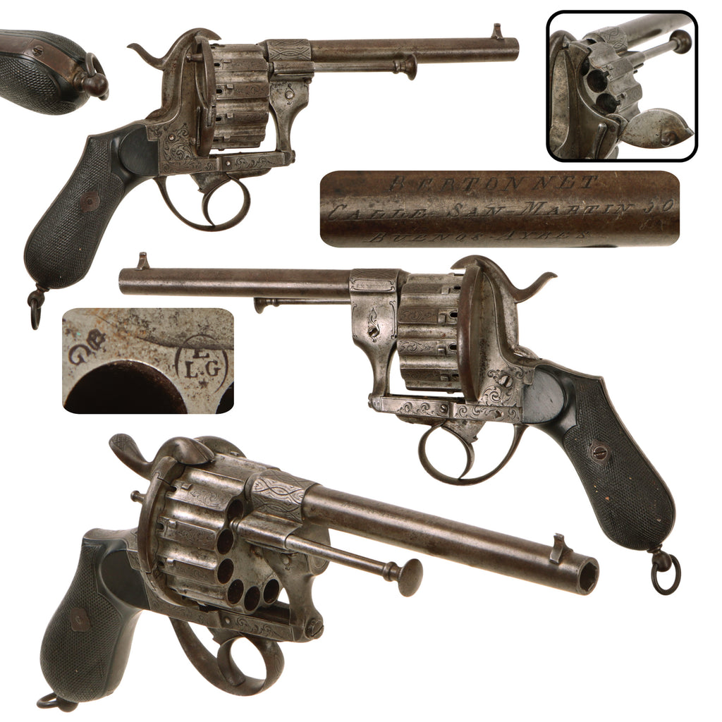 Original U.S. Civil War Era Belgian Engraved 9mm Pinfire 12 Shot Double Action Revolver Retailed by Bertonnet of Buenos Aires - Circa 1860 Original Items