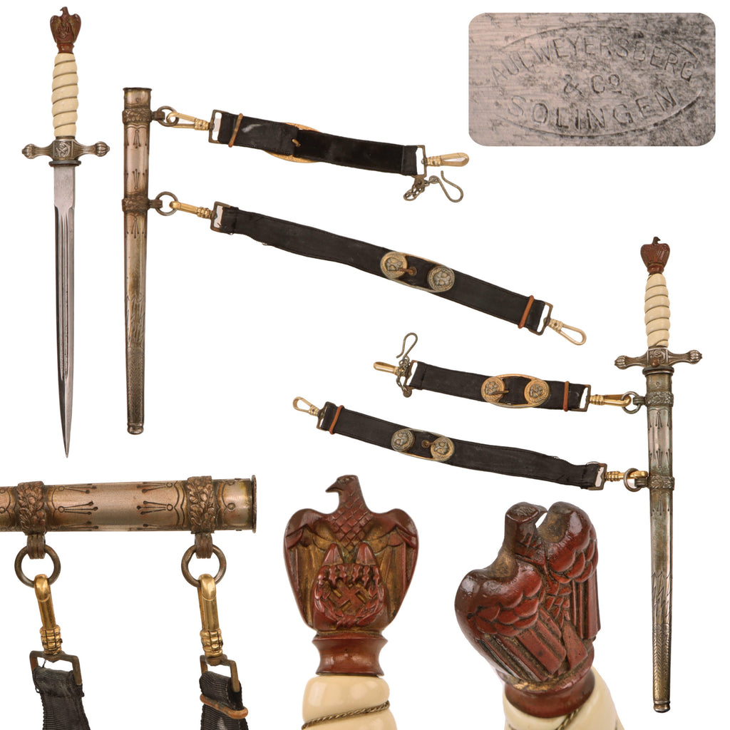 Original German WWII Kriegsmarine 2nd Model Naval Officer Dagger by Paul Weyersberg with Steel Lightning Bolt Scabbard and Lion Head Hangers Original Items