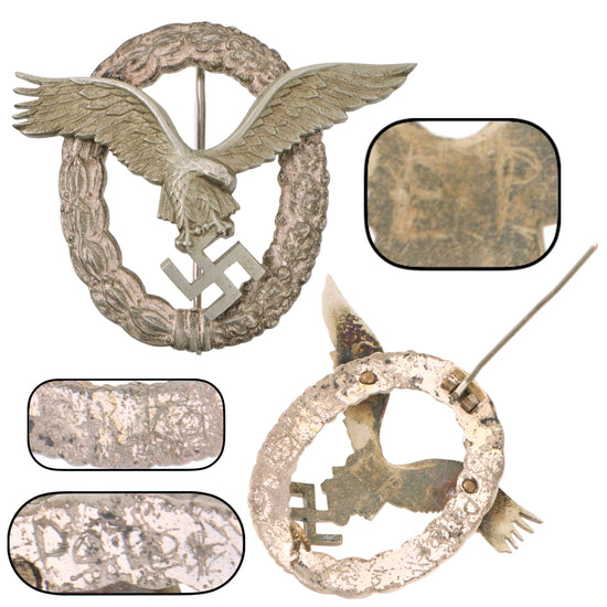 Original German WWII Luftwaffe Pilot Badge with Hand-Scratched Inscriptions - Flugzeugführerabzeichen