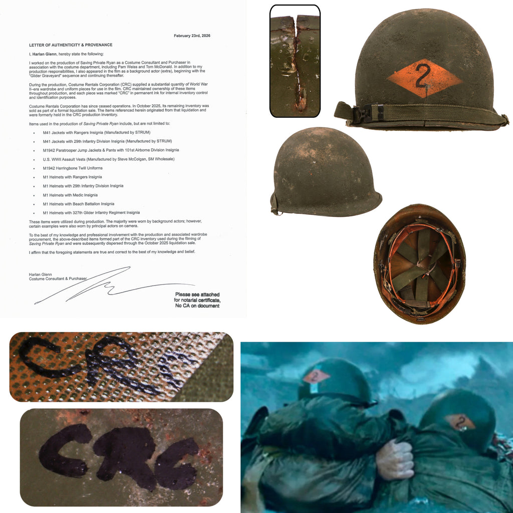 Original U.S. M1 Helmet Used in Saving Private Ryan – 2nd Ranger Battalion – With Copy of Notarized Letter of Authenticity Original Items
