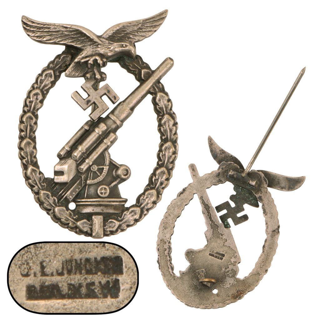 Original German WWII Luftwaffe Flak Anti-Aircraft Artillery Combat Badge by C.E. Juncker of Berlin