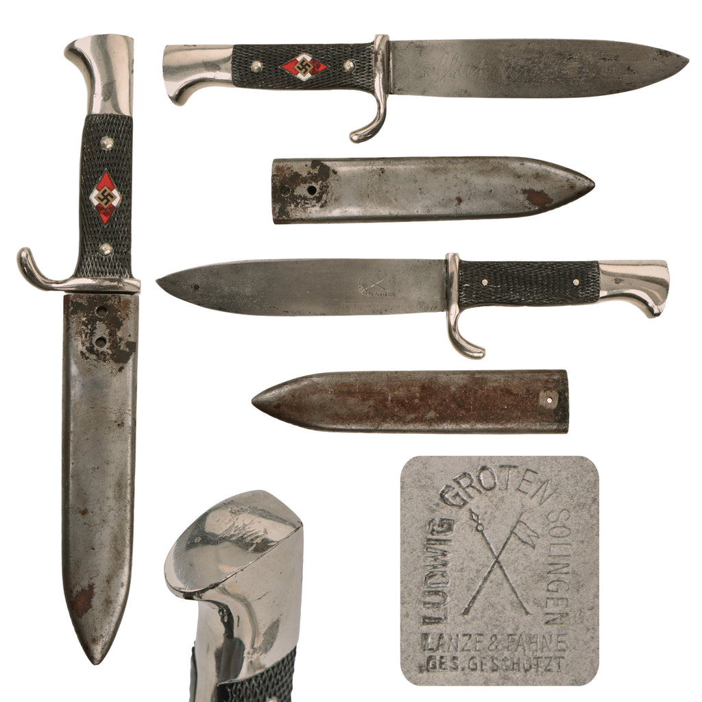 Original German WWII Early Motto Marked HJ Knife by Rare Maker Ludwig Groten of Solingen with Scabbard Original Items
