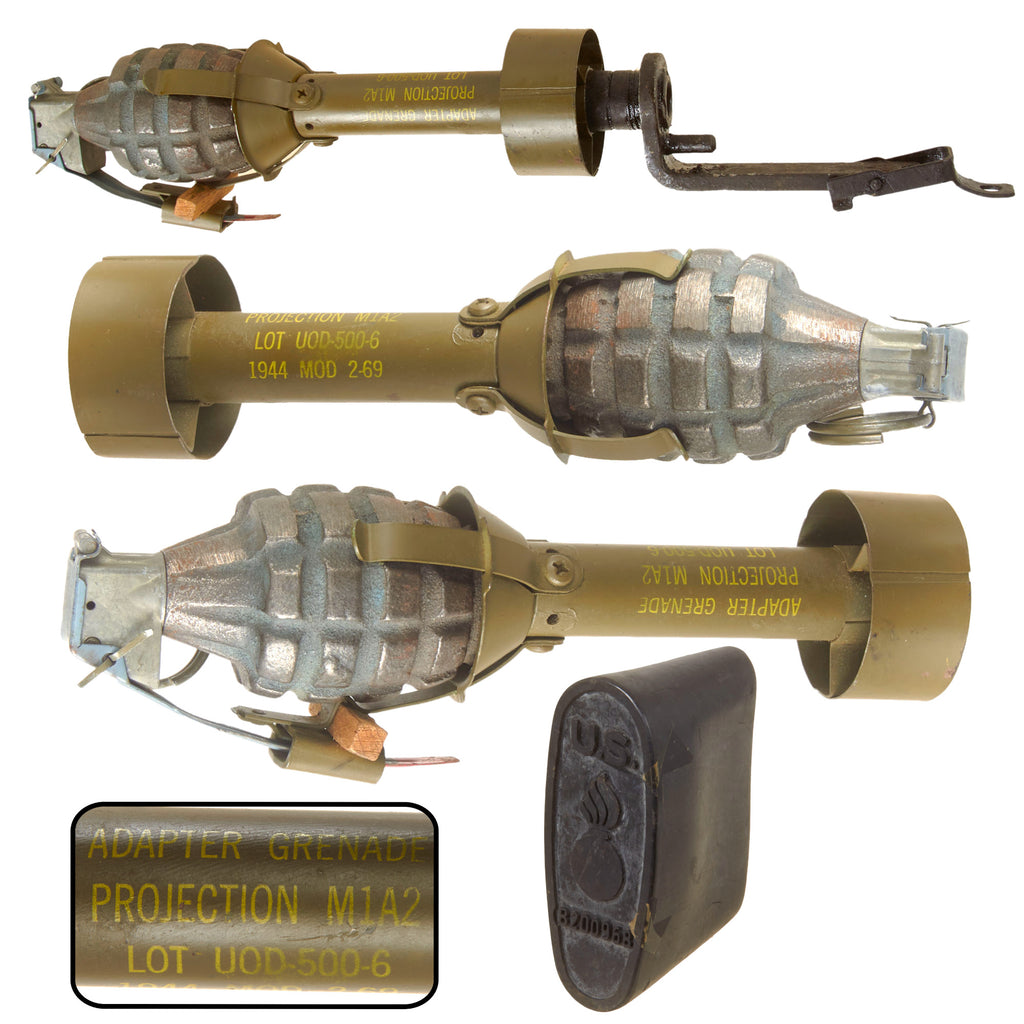 Original U.S. Vietnam War Inert 1969-Dated M1A2 Rifle Grenade Adapter with M7 M1 Garand Launcher, Rubber Recoil Boot, and Mk. II Practice Grenade with M205A2 Fuze