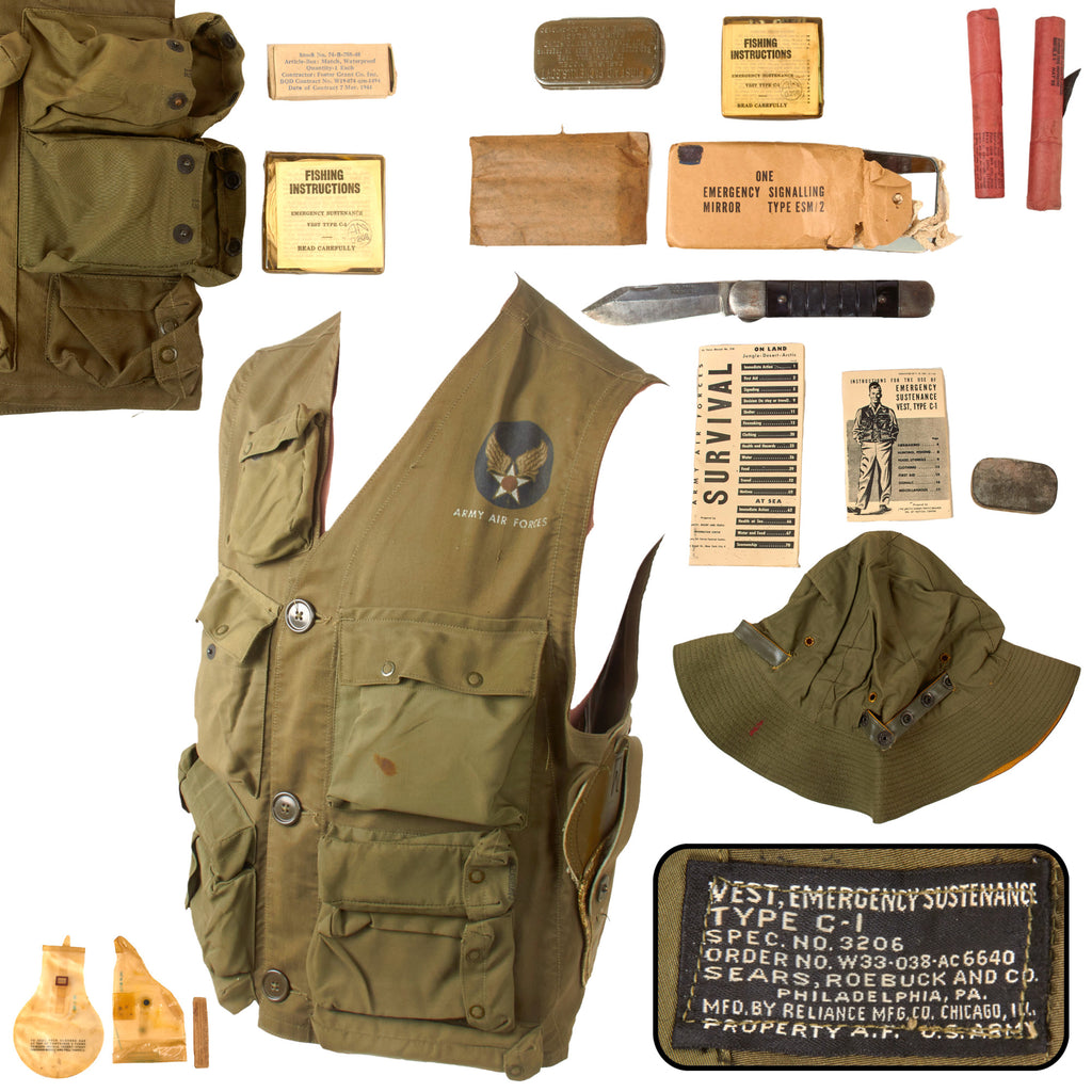 Original U.S. WWII USAAF Pilot Type C-1 Emergency Sustenance Vest with Partial Contents - Very Rare