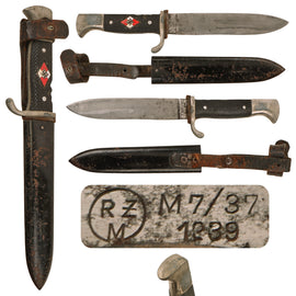 Original German WWII 1939 Dated HJ Trip Knife by Robert Klaas of Solingen with Scabbard - RZM M7/37